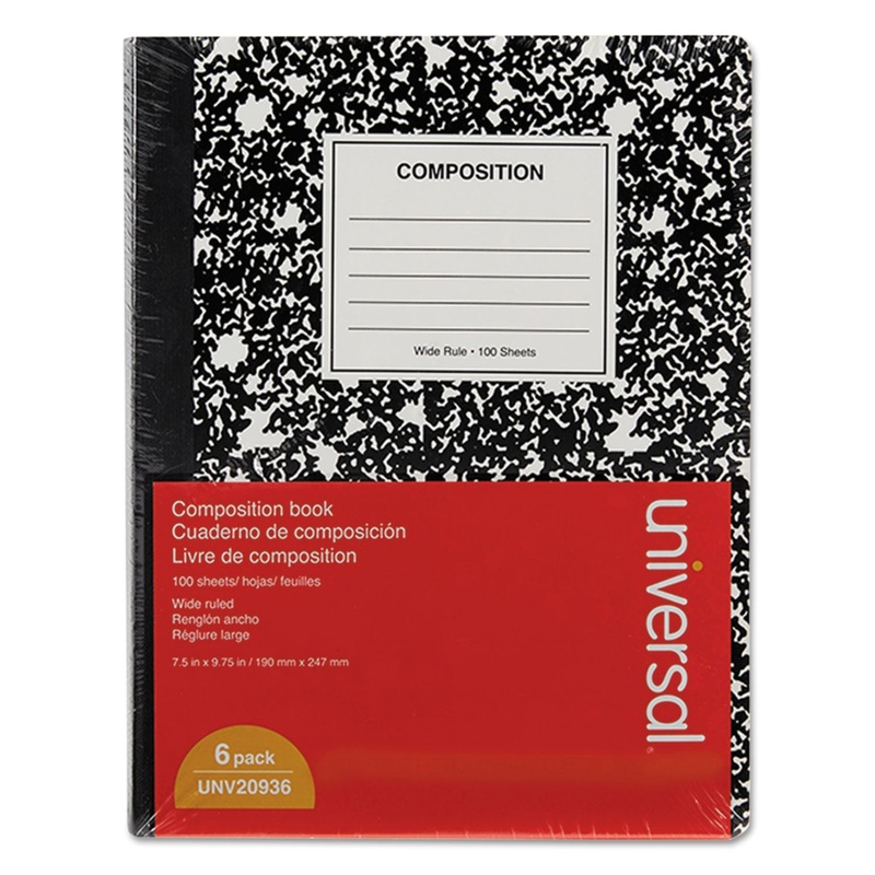 COMPOSITION BOOK, MEDIUM/COLLEGE RULE, BLACK MARBLE, 9.75 X 7.5, 100 SHEETS, 6/PACK