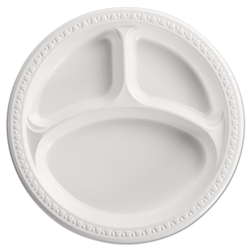 Heavyweight Plastic 3 Compartment Plates, 10 1/4″ Dia, White, 125/pk, 4 Pk/ct