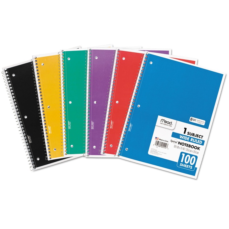 SPIRAL NOTEBOOK, 1 SUBJECT, WIDE/LEGAL RULE, ASSORTED COLOR COVERS, 10.5 X 7.5, 100 SHEETS