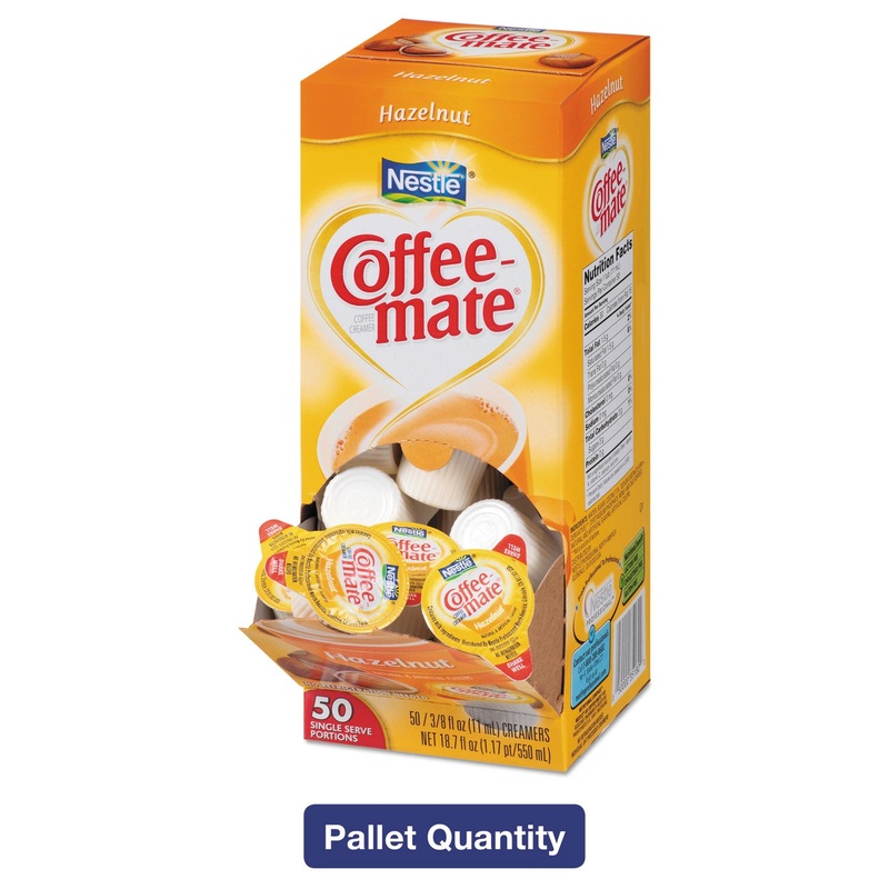 LIQUID COFFEE CREAMER, HAZELNUT, 0.38 OZ MINI CUPS, 50/BOX, 4 BOXES/CARTON, 130 CARTONS/PALLET, 26,000 TOTAL/PALLET