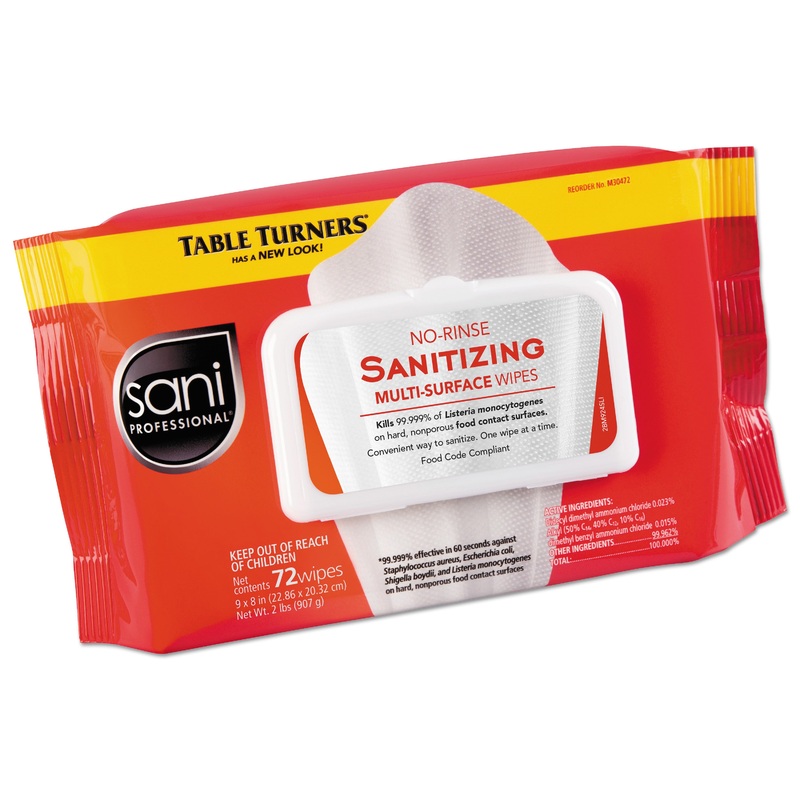 NO-RINSE SANITIZING MULTI-SURFACE WIPES, 9″ X 8″, WHITE, 72 WIPES/PK, 12/CARTON
