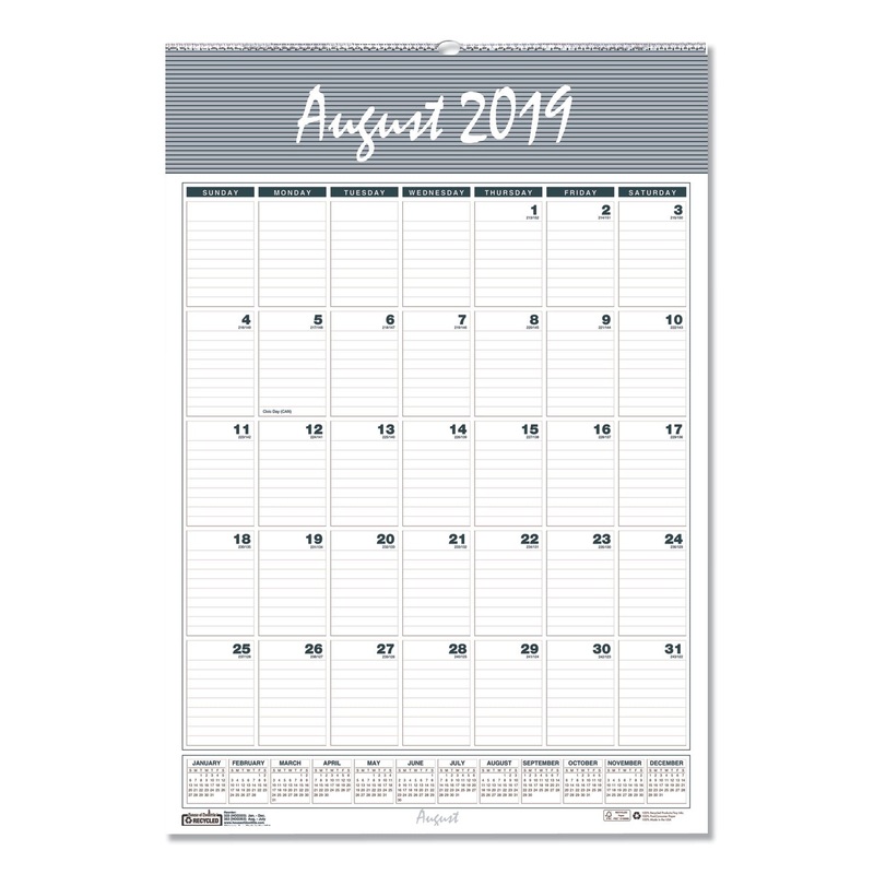 RECYCLED BAR HARBOR WIREBOUND ACADEMIC MONTHLY WALL CALENDAR, 12 X 17, 2019-2020
