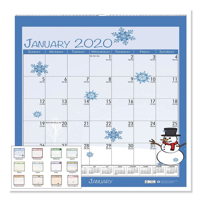 100% RECYCLED SEASONAL WALL CALENDAR, 12 X 12, 2020