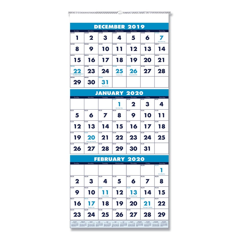 RECYCLED THREE-MONTH FORMAT WALL CALENDAR, 12 1/4 X 26, 14-MONTH, 2019-2021