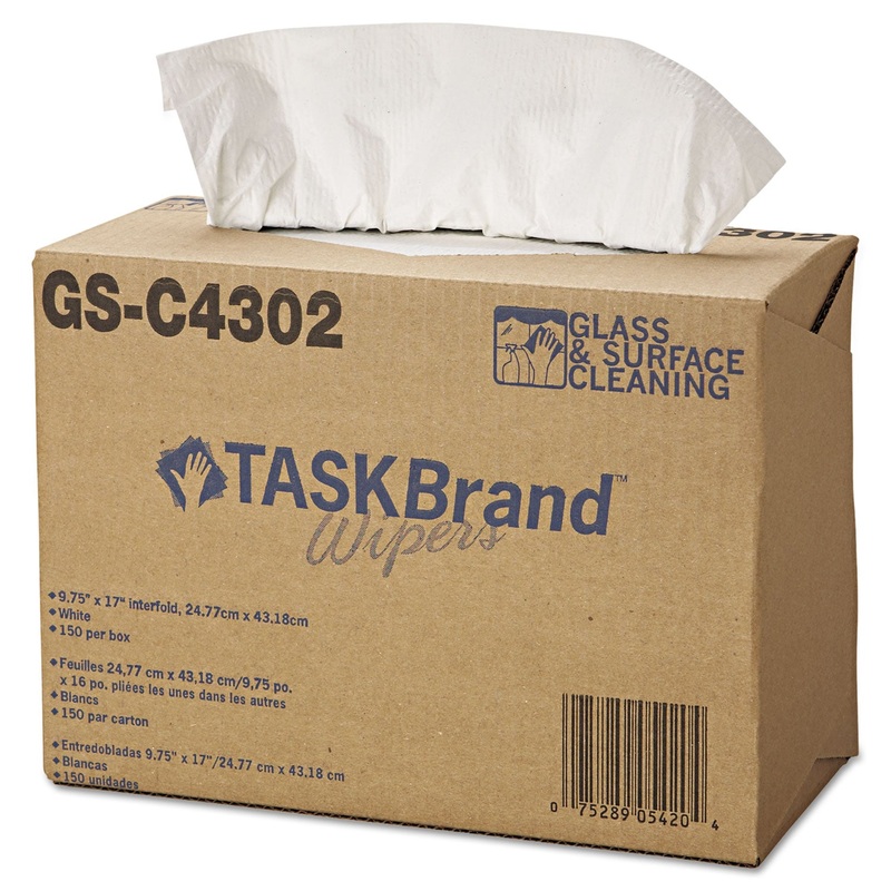 Taskbrand Glass & Surface Wipers, 4ply, 9.75 X 16.75, White, 150/box, 6 Bx/ct