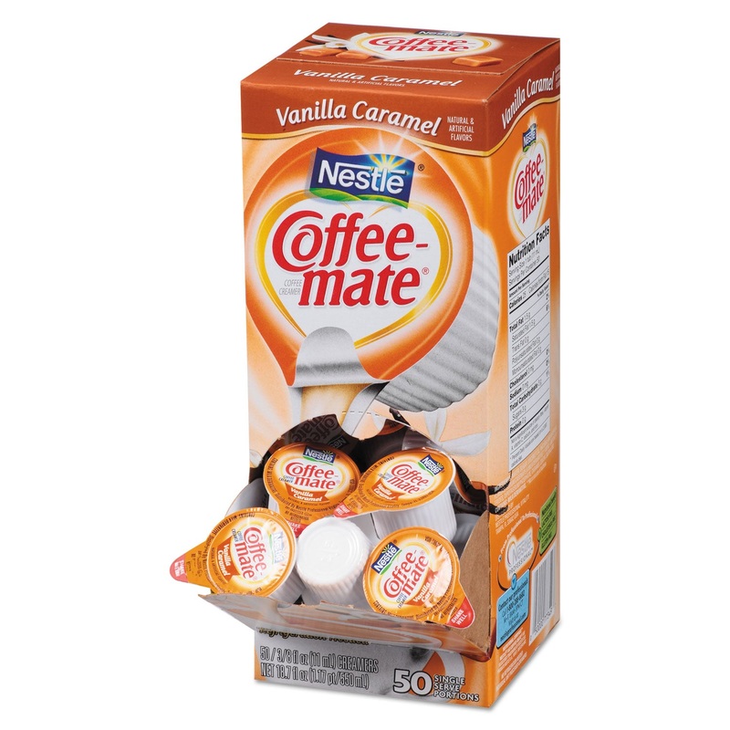 LIQUID COFFEE CREAMER, VANILLA CARAMEL, 0.38 OZ MINI CUPS, 50/BOX, 4 BOXES/CARTON, 200 TOTAL/CARTON