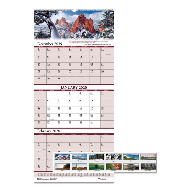 RECYCLED SCENIC LANDSCAPES THREE-MONTH/PAGE WALL CALENDAR, 12.25 X 26, 2019-2021