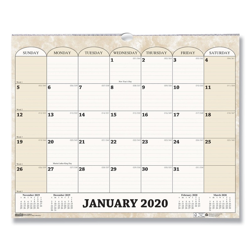 RECYCLED MONTHLY HORIZONTAL WALL CALENDAR, 14 7/8 X 12, 2020