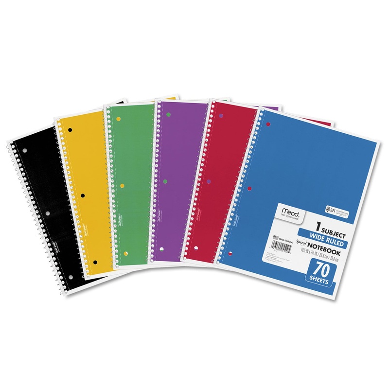 SPIRAL NOTEBOOK, 1 SUBJECT, WIDE/LEGAL RULE, ASSORTED COLOR COVERS, 10.5 X 7.5, 70 SHEETS