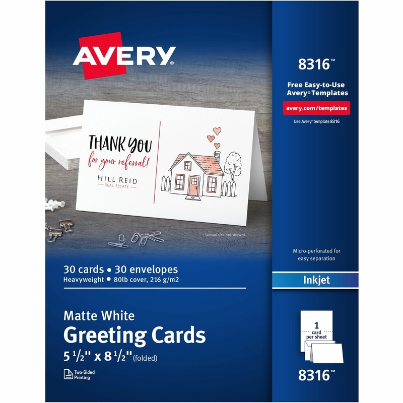 Avery Half-Fold Greeting Cards, Matte, 5-1/2″ x 8-1/2″ , 30 Cards/Envelopes (8316) – 97 Brightness – 8 1/2″ x 5 1/2″ – Matte – Perforated, Heavyweight, Rounded Corner – White – 30 / Box