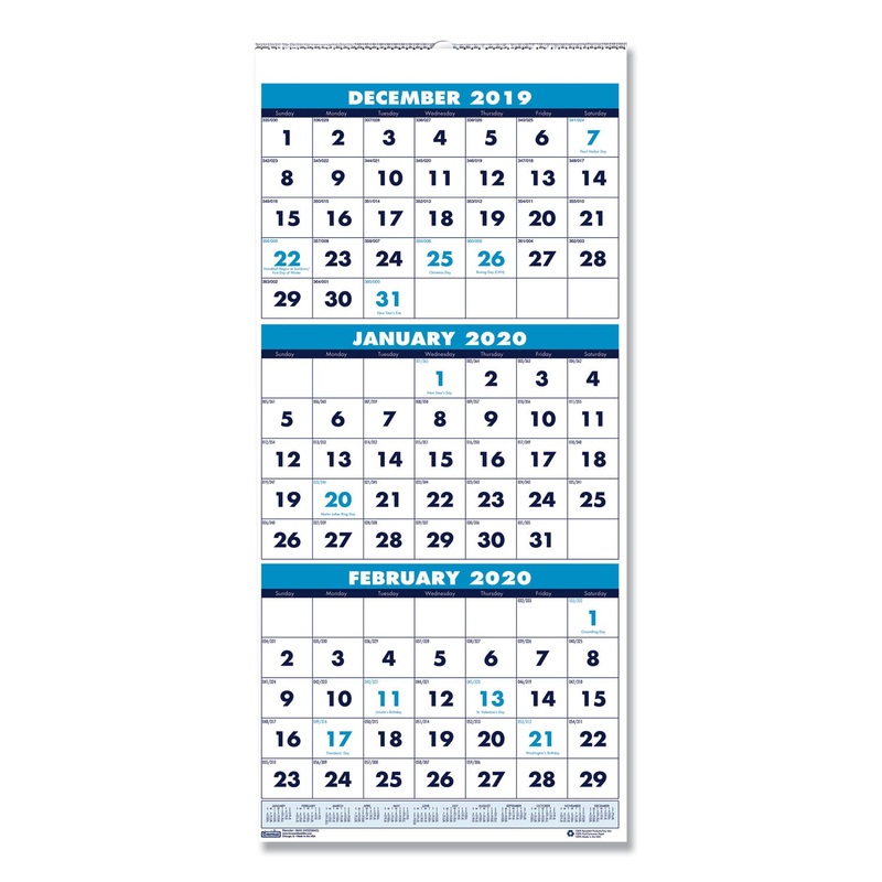 RECYCLED THREE-MONTH FORMAT WALL CALENDAR, 8 X 17, 14-MONTH (DEC-JAN) 2019-2021