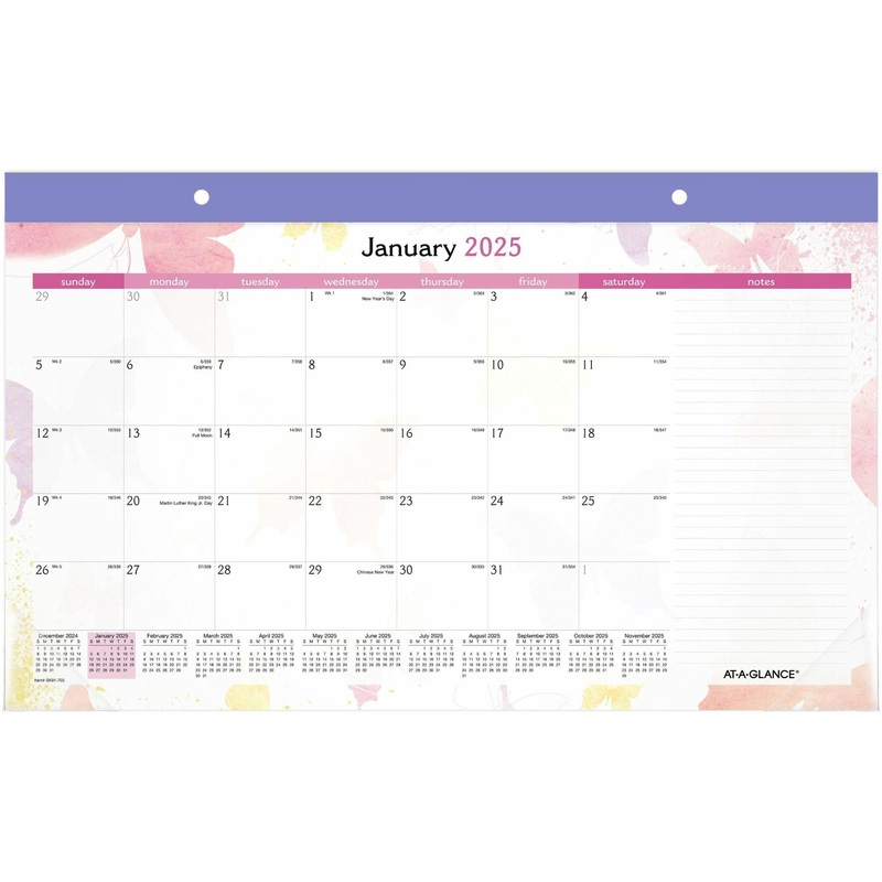 At-A-Glance WatercolorsDesk Pad Calendar – Julian Dates – Monthly – 12 Month – January 2025 to December 2025 – 1 Month Single Page Layout – 17 3/4″ x 11″ Sheet Size – White Sheet – 1.75″ x 2″ Block – Headband – Desk Pad – Brown, Pink, Purple, Yellow – Pol