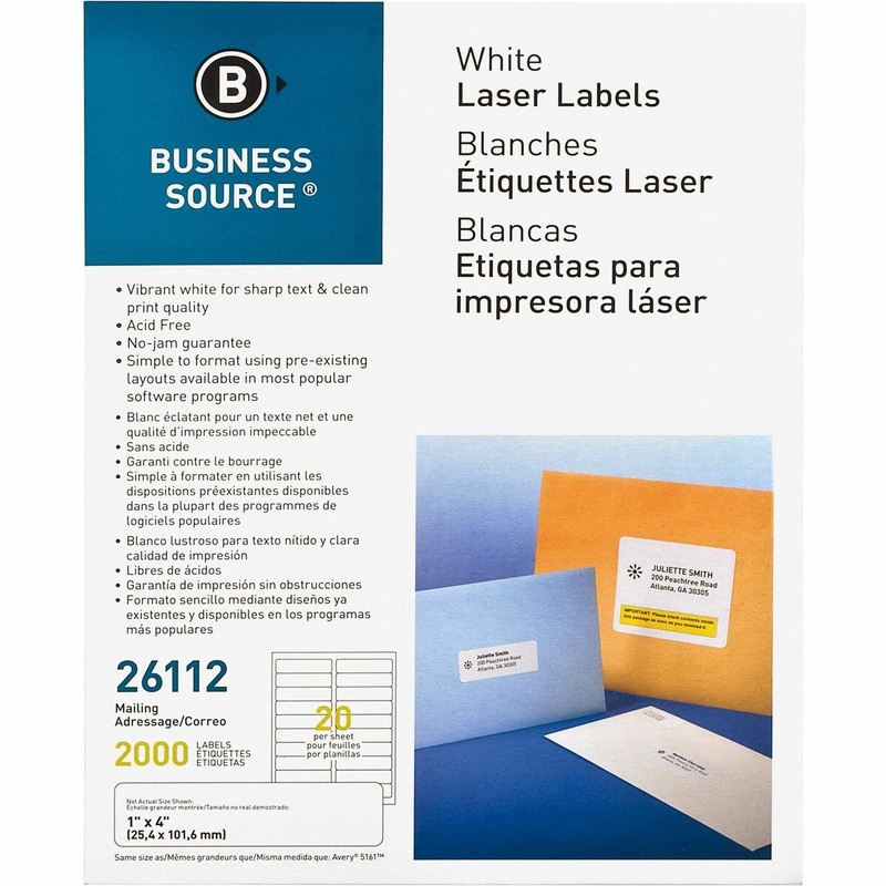 Business Source Bright White Premium-quality Address Labels – 1″ Width x 4″ Length – Permanent Adhesive – Rectangle – Laser, Inkjet – White – Lignin-free, Jam-free – 20 / Sheet – 100 Total Sheets – 2000 / Pack