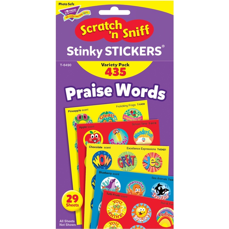 Trend Praise Words Jumbo Stinky Stickers – 432 x Assorted Shape – Self-adhesive – Acid-free, Non-toxic, Photo-safe, Scented – Assorted – Paper – 435 / Pack