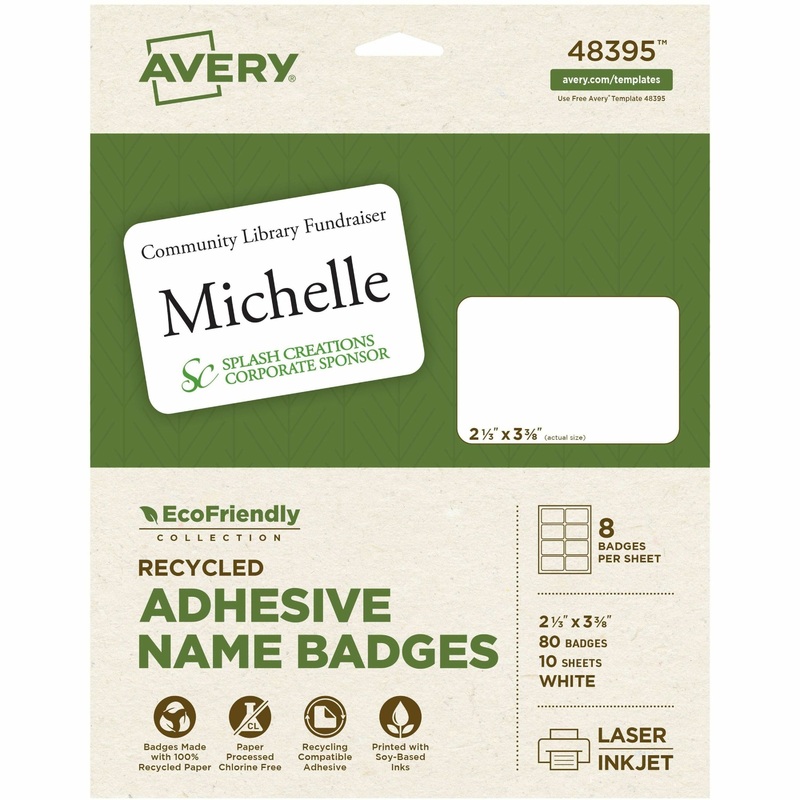 Avery Eco-friendly Premium Name Badge Labels – 2 21/64″ Width x 3 3/8″ Length – Removable Adhesive – Rectangle – Laser, Inkjet – Matte – White – Paper – Recyclable, PVC-free, Removable, Chlorine-free, Self-adhesive, Water Based, Stick & Stay, Customi