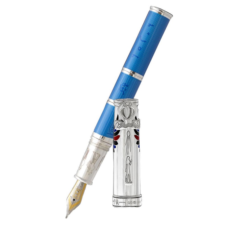 David Oscarson Rosetta Stone Fountain Pen – Translucent Sapphire Blue and Opaque Black and Red Hard Enamel Fine
