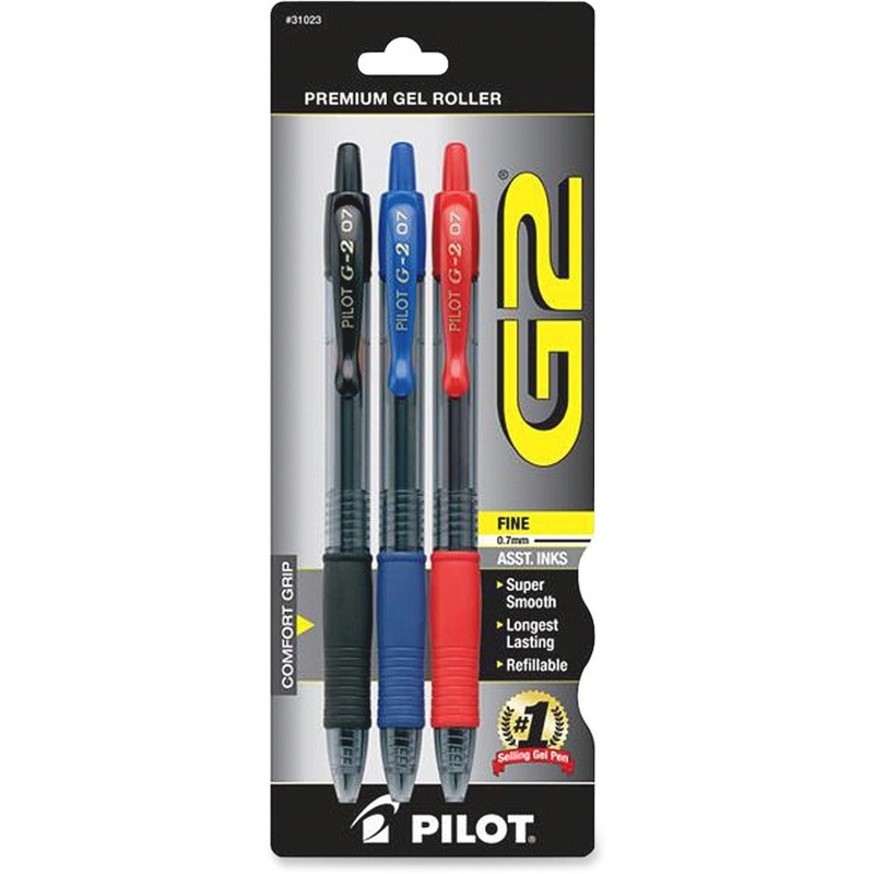 Pilot G2 Retractable Gel Ink Pens – 0.7 mm Fine Pen Point – Refillable – Retractable – Black, Blue, Red Ink – Gel-based – Black, Blue, Red Barrel – 3 / Pack