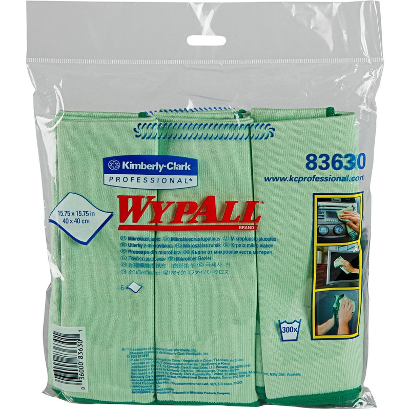 Wypall Microfiber Cloths – General Purpose – For Nonporous Surface – 15.75″ Length x 15.75″ Width – Recommended For: Odor Remover, Stain Remover, Bacteria Remover – Anti-bacterial, Durable, Absorbent, Environmentally Friendly, Launderable – Green – 6/Pack
