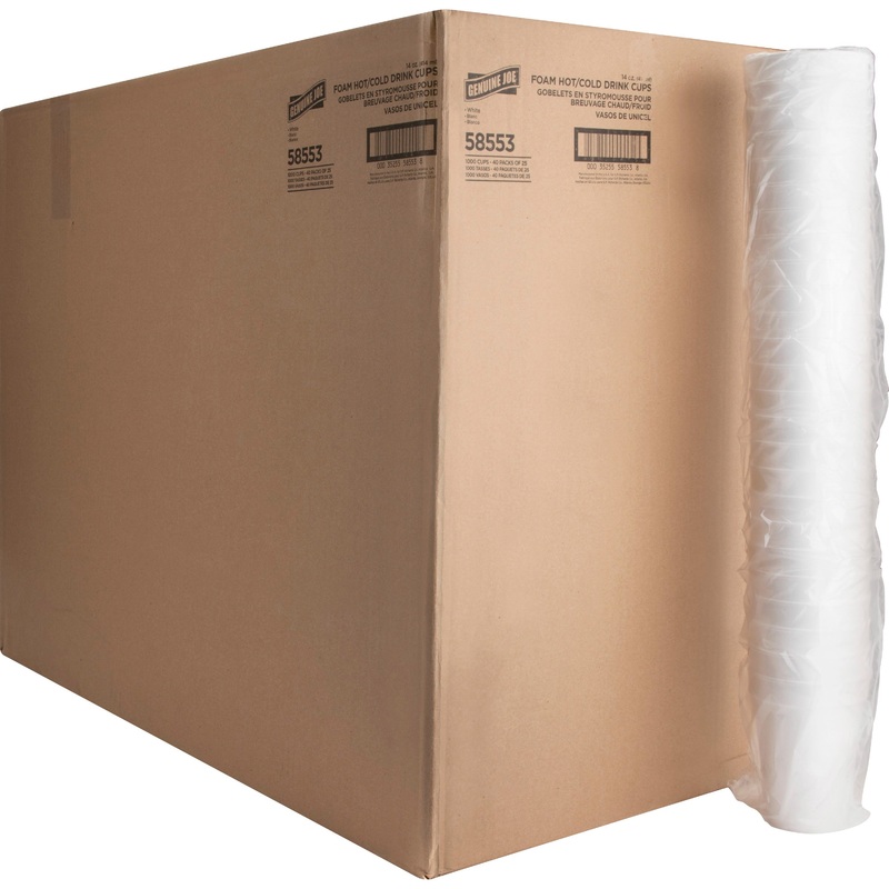 Genuine Joe 14 oz Hot/Cold Foam Cups – 14 fl oz – White – Foam – Hot Drink, Cold Drink – 25 Cups/Pack – 40 / Carton