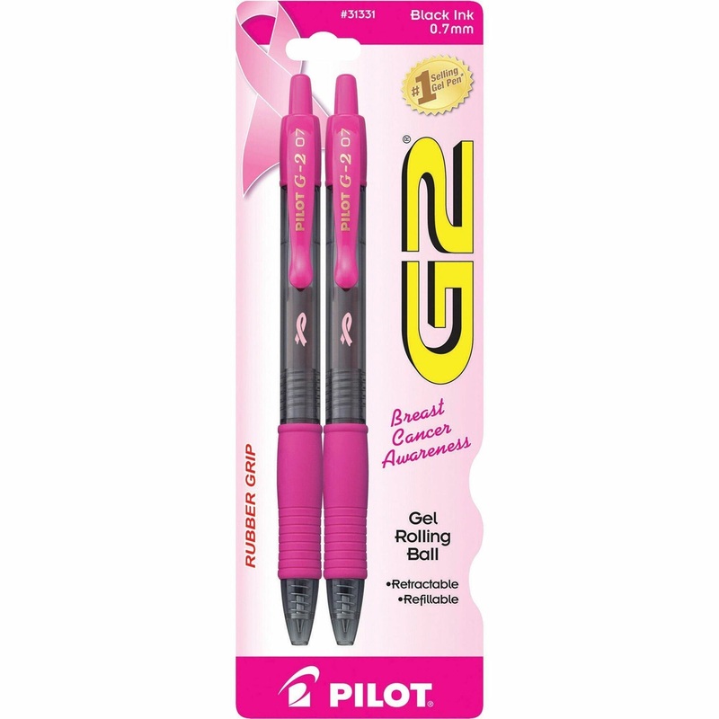 Pilot G2 Rubber Grip BCA Gel Rollingball Pens – 0.7 mm Fine Pen Point – Refillable – Retractable – Black Ink – Gel-based – Black, Pink Barrel – 2 / Pack
