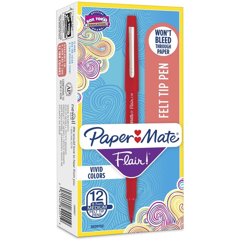 Paper Mate Flair Point Guard Felt Tip Marker Pens – Medium Pen Point – Red Ink – Water Based – Red Barrel – 1 Dozen
