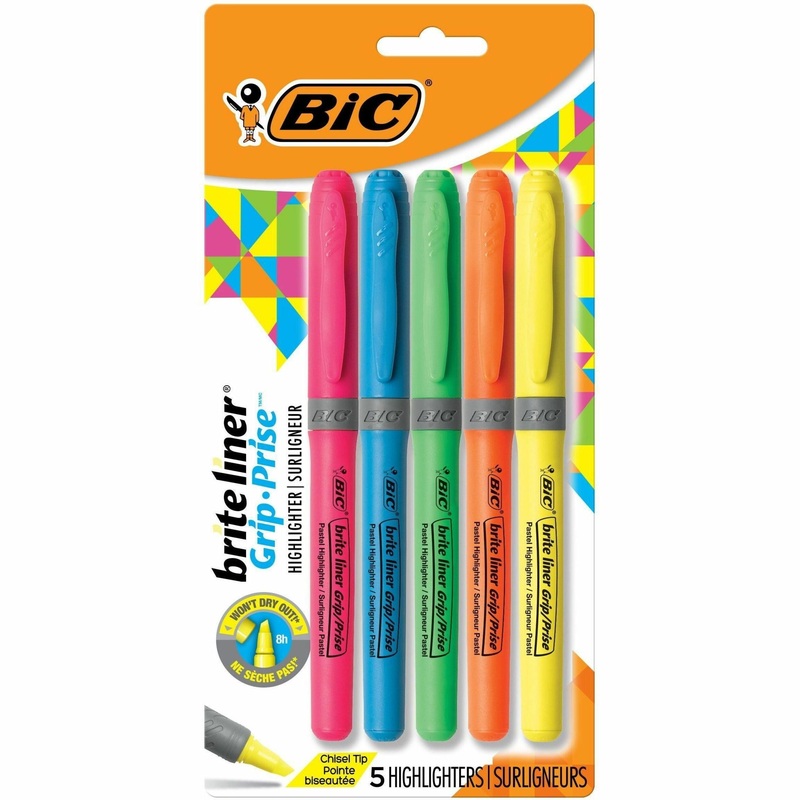 BIC Brite Liner Grip Highlighter – 1.6 mm Chisel Marker Point – Fluorescent Assorted Ink – 5 / Set