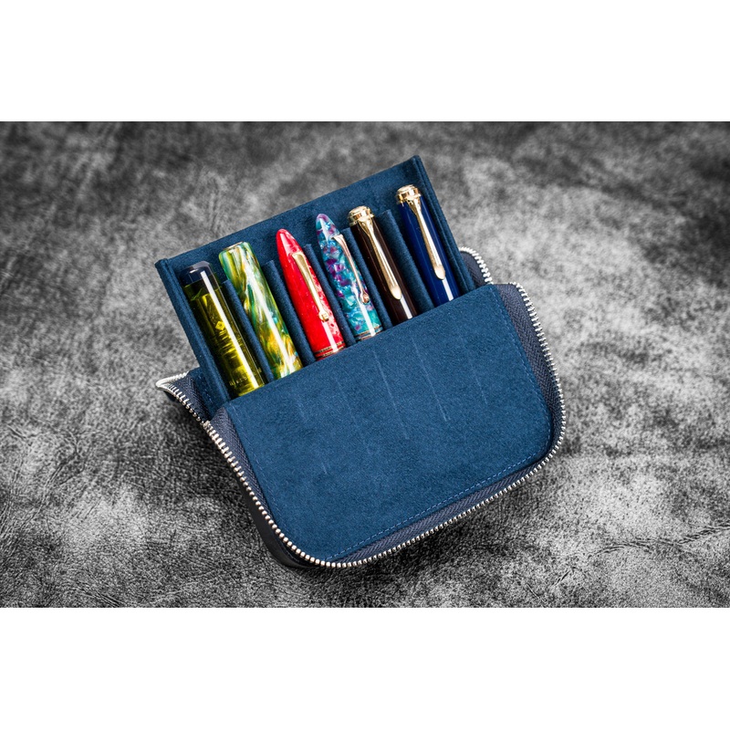 Leather Zippered Magnum Opus 6 Slots Hard Pen Case with Removable Pen Tray – Crazy Horse Navy Blue