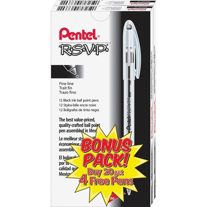 Pentel R.S.V.P. Ballpoint Stick Pens – Fine Pen Point – Refillable – Black Ink – Clear Barrel – Stainless Steel Tip – 24 / Pack