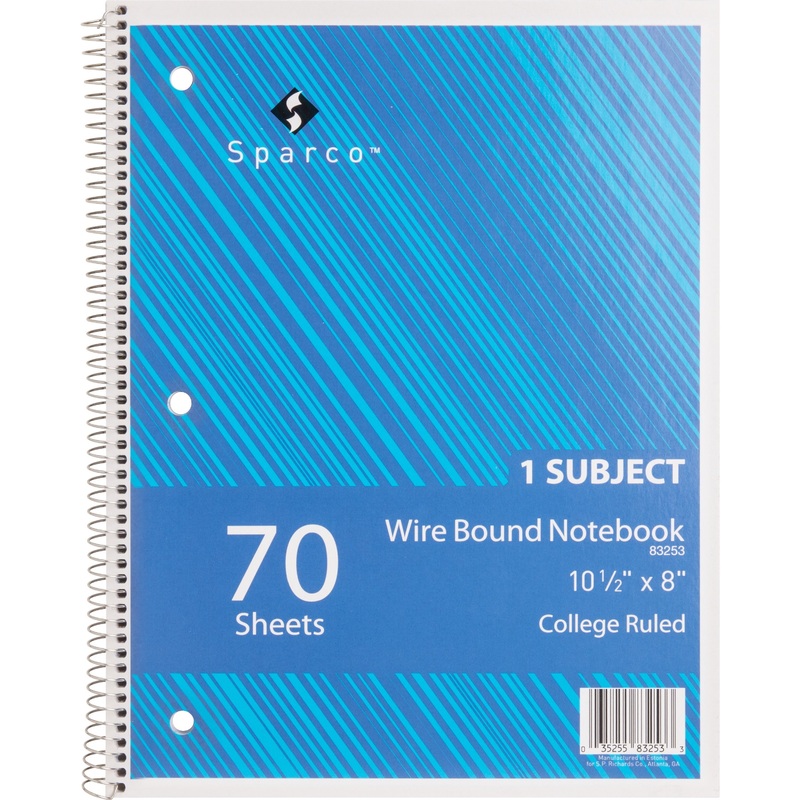 Sparco Wirebound Notebook – 70 Sheets – Wire Bound – College Ruled Front Ruling – Unruled Margin – 16 lb Basis Weight – 8″ x 10 1/2″ Sheet Size – Assorted Paper – Assorted Chipboard Cover – Subject, Stiff-cover, Stiff-back, Perforated, Hole-punched – 1 Ea