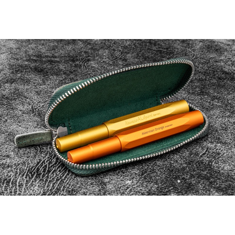 Leather Zippered Double Pen Case for Kaweco – Pocket Pen – Crazy Horse Forest Green