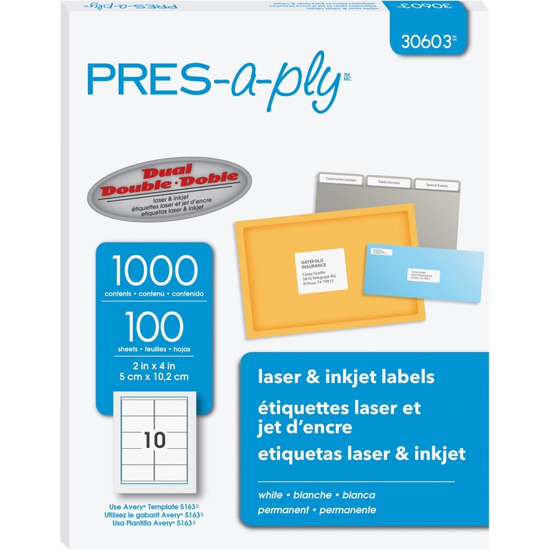 PRES-a-ply White Labels – 2″ Width x 4″ Length – Permanent Adhesive – Rectangle – Laser, Inkjet – Matte – White – Paper – Permanent Adhesive – 10 / Sheet – 100 Total Sheets – 1000 Total Label(s) – 1000 / Box