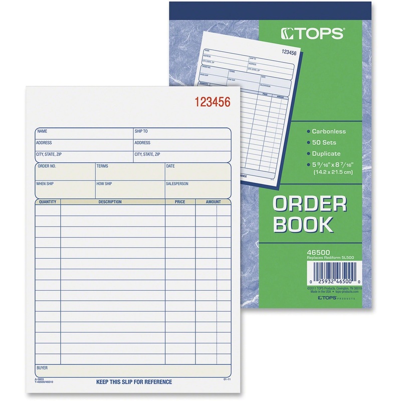 TOPS 2-part Carbonless Sales Order Book – 50 Sheet(s) – 15 lb – 2 Part – Carbonless Copy – 5.56″ x 7.94″ Form Size – White, Canary – Blue Print Color – 1 Each