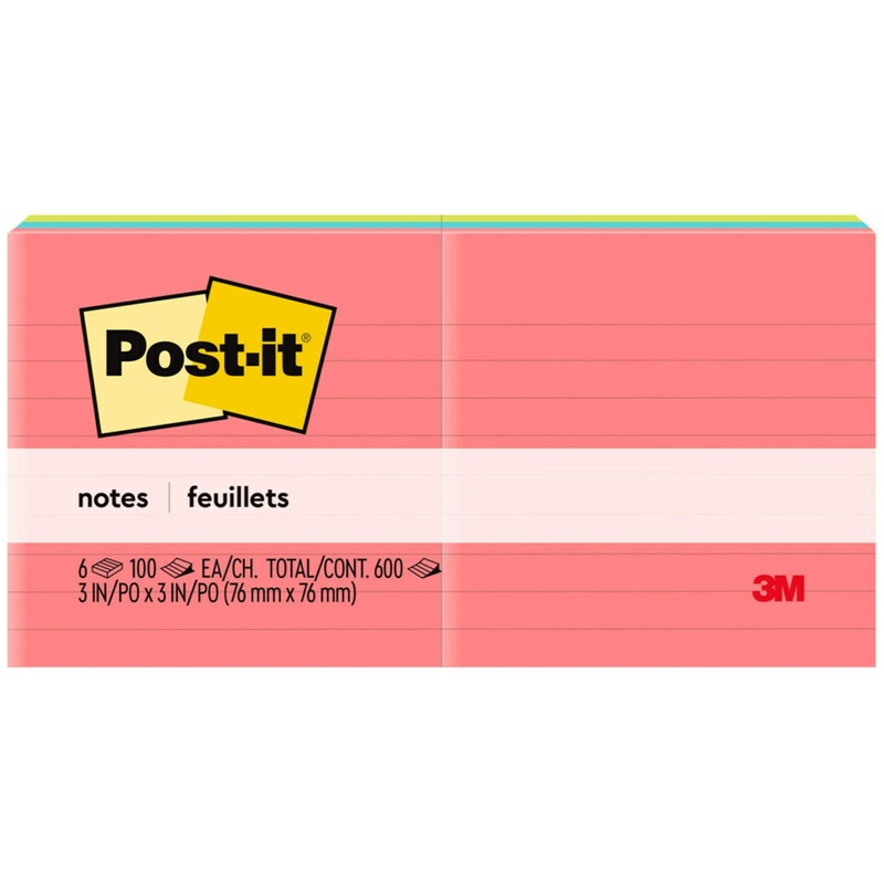 Post-it Lined Notes – Poptimistic Color Collection – 600 – 3″ Flag/Note Width x 3″ Flag/Note Length – Square – 100 Sheets per Pad – Ruled – Pink, Blue, Green – Paper – Self-adhesive, Repositionable – 6 / Pack