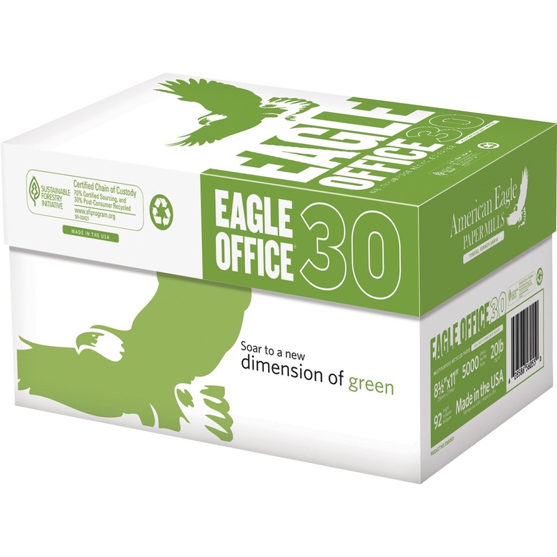 American Eagle Recycled Paper – White – 92 Brightness – Letter – 8 1/2″ x 11″ – 20 lb Basis Weight – Sustainable Forestry Initiative (SFI) – White – 500/Ream – 10 / Carton