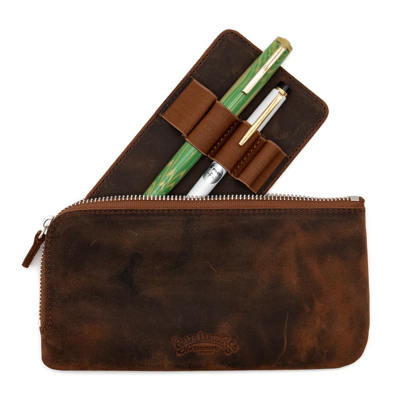 Galen Leather Co. Slip-N-Zip 4 Pen Pouch – Crazy Horse Havana Brown