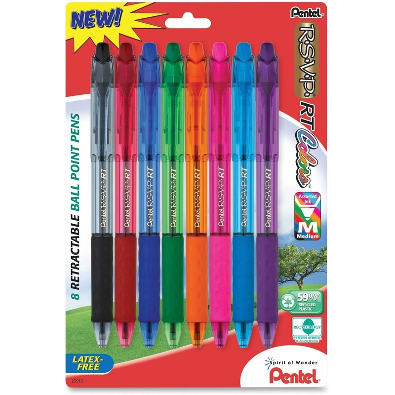 Pentel Recycled Retractable R.S.V.P. Colors Pens – 1 mm Medium Pen Point – Refillable – Retractable – Assorted Ink – Assorted Barrel – Metal, Stainless Steel Tip – 8 / Pack
