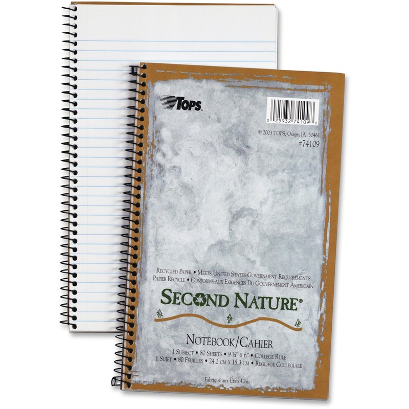 TOPS College-ruled Second Nature Notebook – 80 Sheets – Coilock – 15 lb Basis Weight – 6″ x 9 1/2″ Sheet Size – 0.23″ Height x 6″ Width x 9.5″ Length – White Paper – Light Blue Cover – Perforated, Acid-free, Snag Resistant, Easy Tear, Environmentally Frie