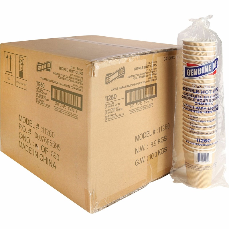 Genuine Joe 12 oz Rippled Hot Cups – 12 fl oz – Brown – Hot Drink, Beverage – 25/Pack – 20 / Carton