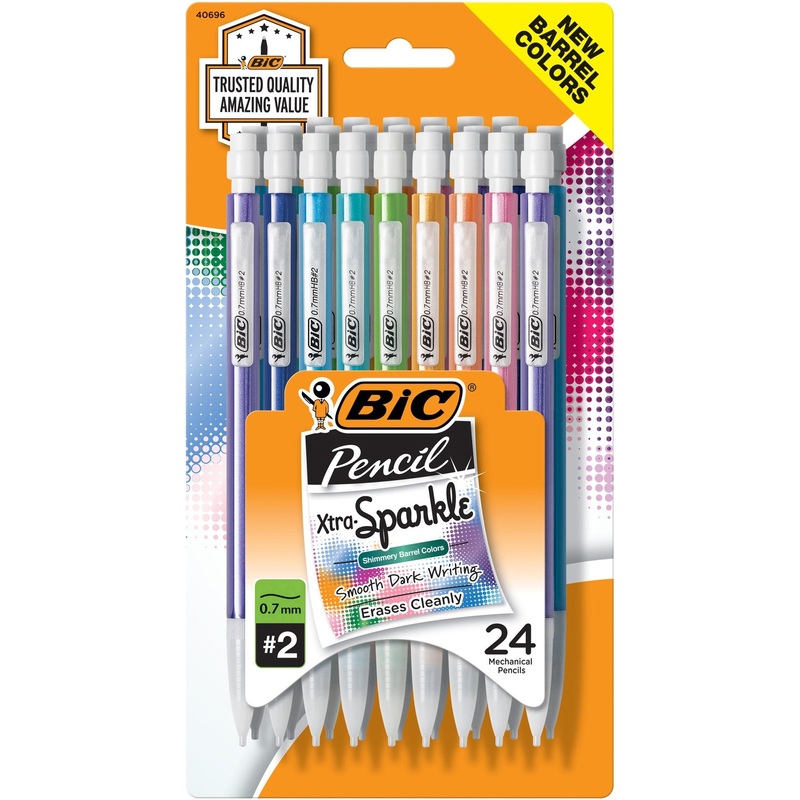 BIC Xtra Sparkle Mechanical Pencils – 0.7 mm Black Lead – #2 – Refillable – Blue Plastic, Green, Orange, Purple, Red Barrel – 24 / Pack
