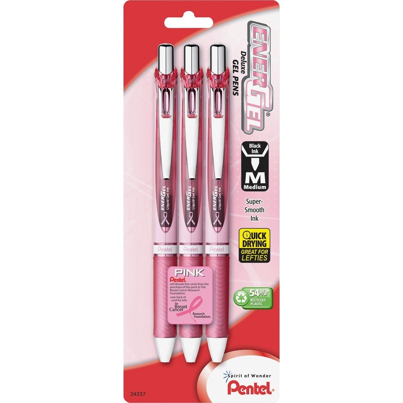 EnerGel EnerGel Pink BCA Ribbon RTX Liquid Gel Pens – 0.7 mm Medium Pen Point – Refillable – Retractable – Black Ink – Gel-based – Pink Barrel – Metal Tip – 3 / Pack