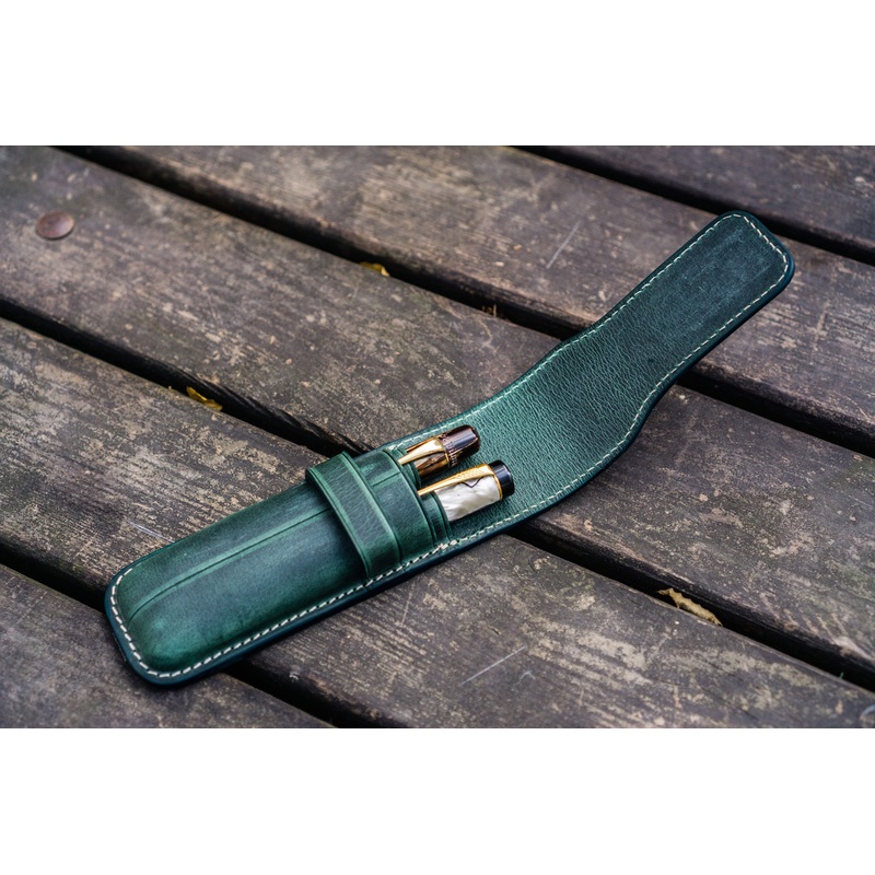 Leather Flap Pen Case for Two Pens – Crazy Horse Forest Green