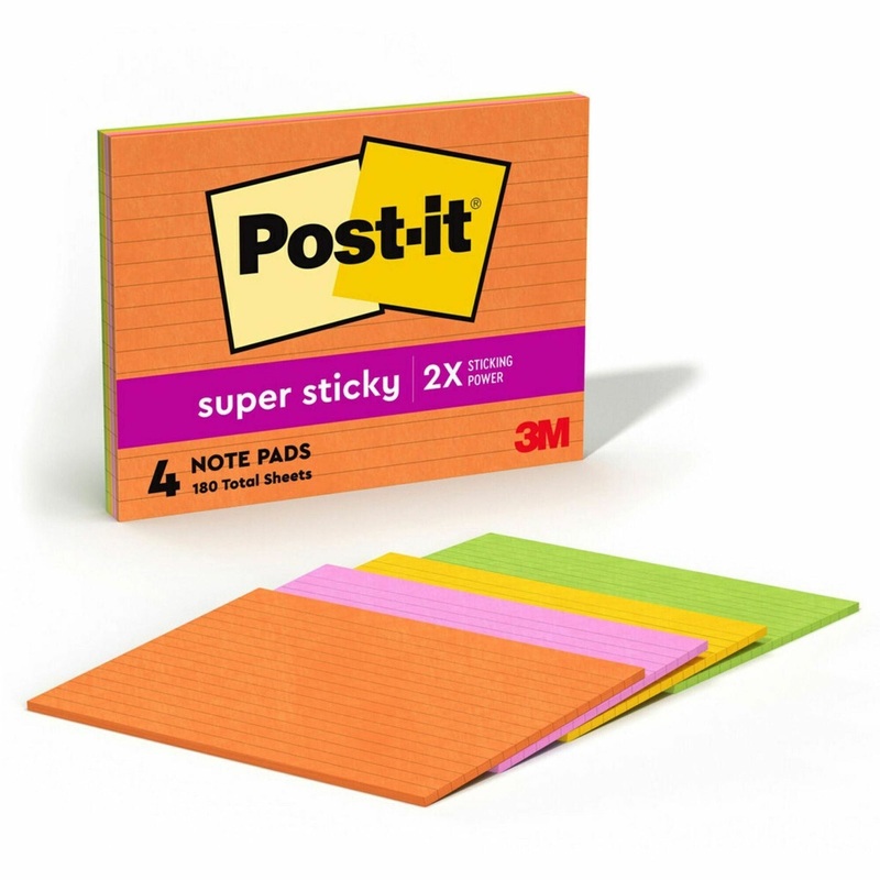 Post-it Super Sticky Lined Meeting Notepads – 180 – 6″ Flag/Note Width x 8″ Flag/Note Length – Rectangle – 45 Sheets per Pad – Ruled – Vital Orange, Tropical Pink, Sunnyside, Limeade – Paper – Self-adhesive – 4 / Pack