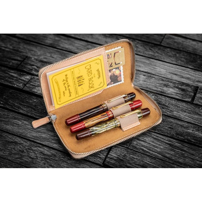 Galen Leather Zippered Three Pen Case in Undyed Leather