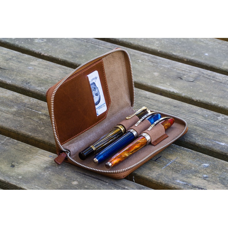 Leather Zippered 3 Slots Pen Case – Brown