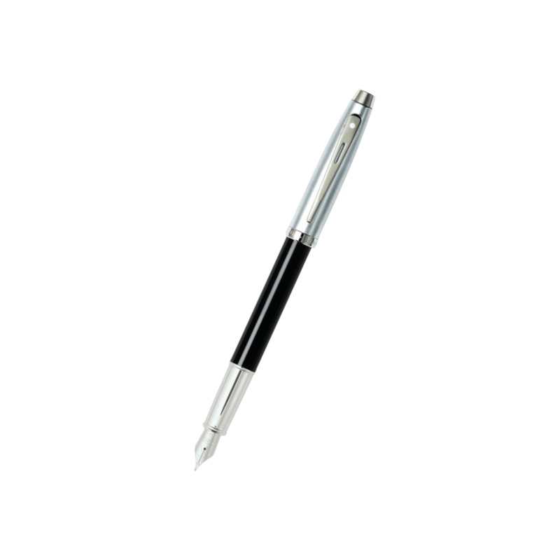 Sheaffer 100 E9313 Fountain Pen – Glossy Black and Brushed Chrome Barrel with Chrome Plated Cap and Trims