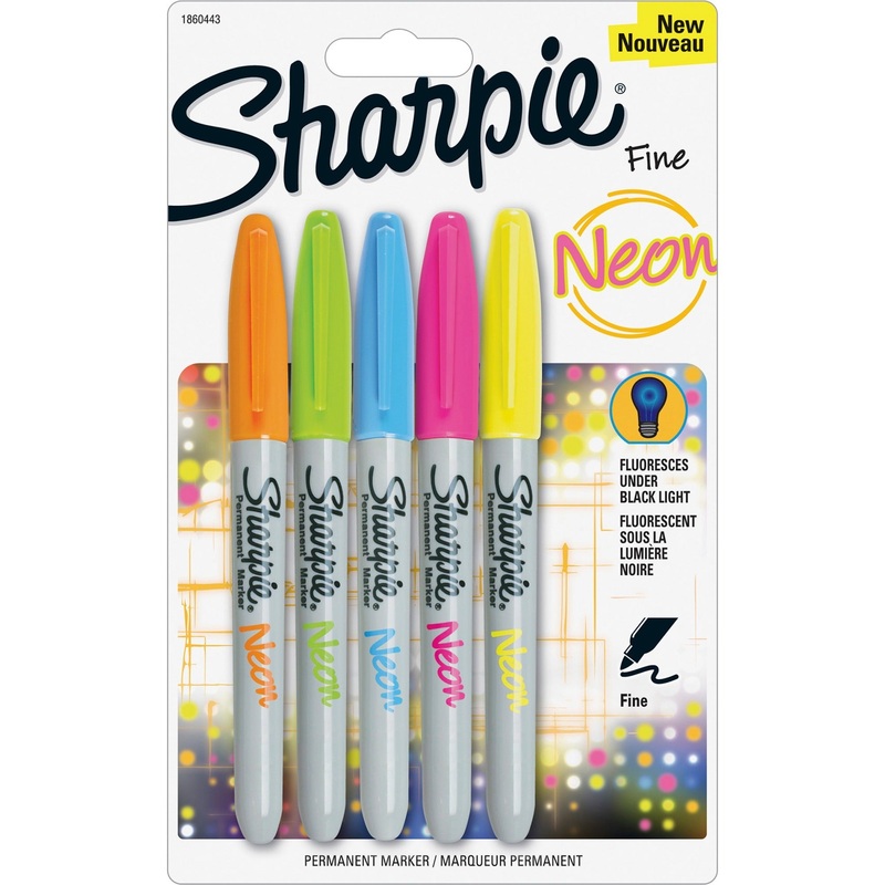 Sharpie Fine Neon Permanent Markers – Fine Marker Point – Neon Yellow, Neon Pink, Neon Orange, Neon Green, Neon Blue Ink – 5 / Set