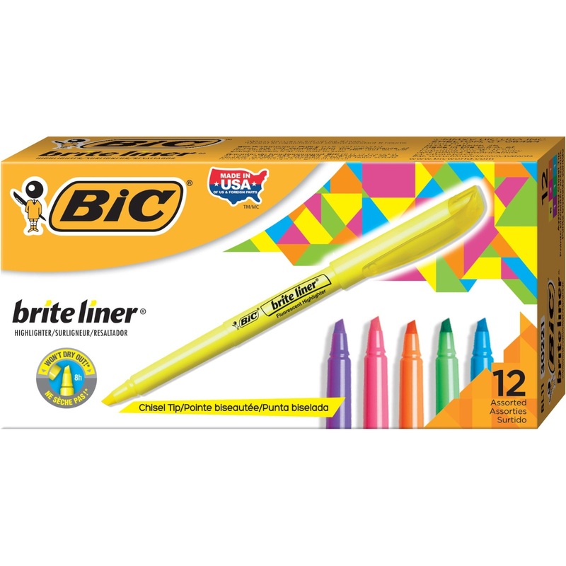 BIC Brite Liner Highlighter, Assorted – Chisel Marker Point – Fluorescent Assorted Ink – 12 / Box