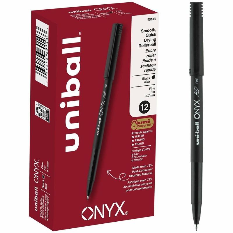 uniball Onyx Rollerball Pens – 0.7 mm Fine Conical Pen Point – Black Ink – Dye-based – Matte Black Barrel – Metal Tip – 1 Dozen