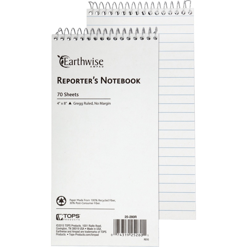 Ampad Earthwise Reporter’s Notebook – 70 Sheets – Wire Bound – Front Ruling Surface – 0.34″ Ruled – 15 lb Basis Weight – 4″ x 8″ Sheet Size – White Paper – WireLock, Chipboard Backing, Micro Perforated, Easy Tear, Snag Resistant – Recycled – 1 Each
