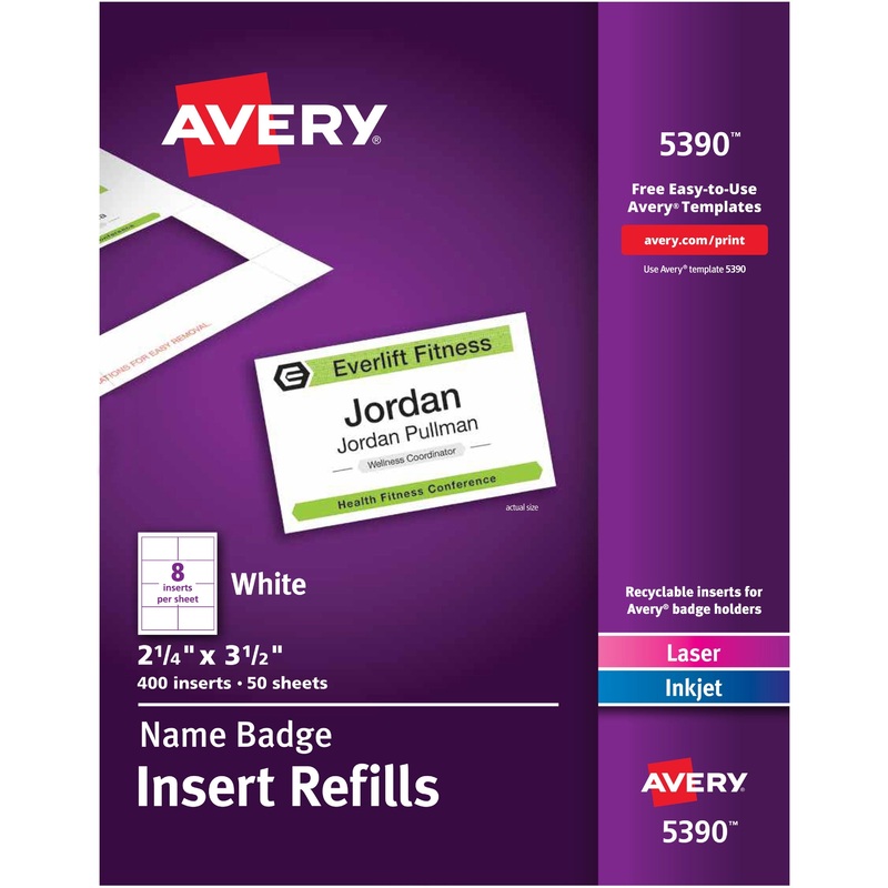 Avery Laser/Inkjet Badge Insert Refills – x 2 1/4″ Width x 3 1/2″ Length – Insert – Inkjet, Laser – White – Card Stock – 8 / Sheet – 50 Total Sheets – 400 Total Label(s) – 400 / Box
